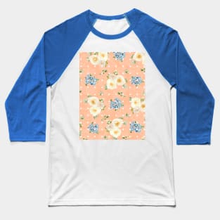 White Roses Blue Forget Me Nots Polka Dots on Peach Fuzz Abstract Floral Baseball T-Shirt